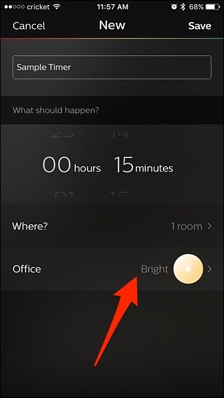 Выбор типа действия: мигнуть, включить, выключить, сцена