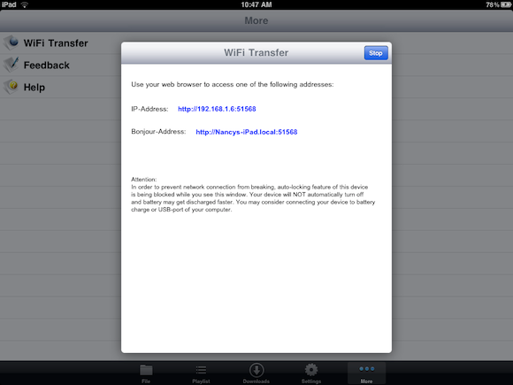 OPlayer HD Lite — экран Wi‑Fi передачи
