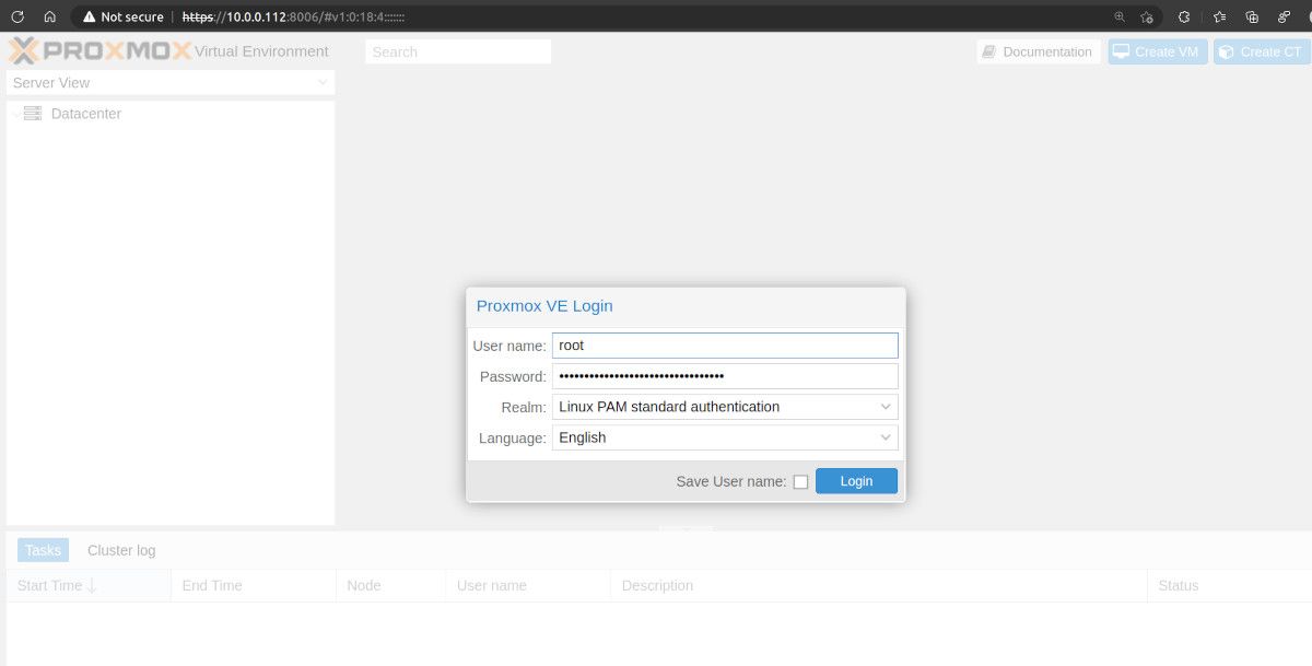 Страница входа Proxmox для пользователя root