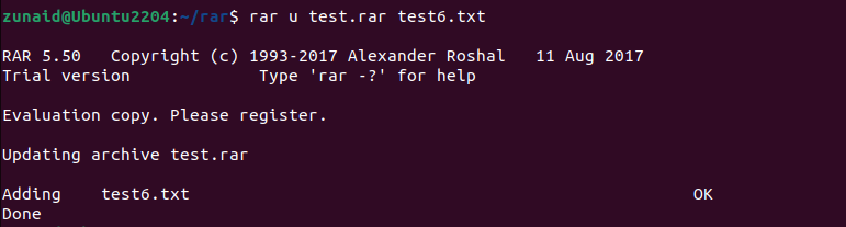 Терминал Linux, показывающий добавление нового файла в RAR архив