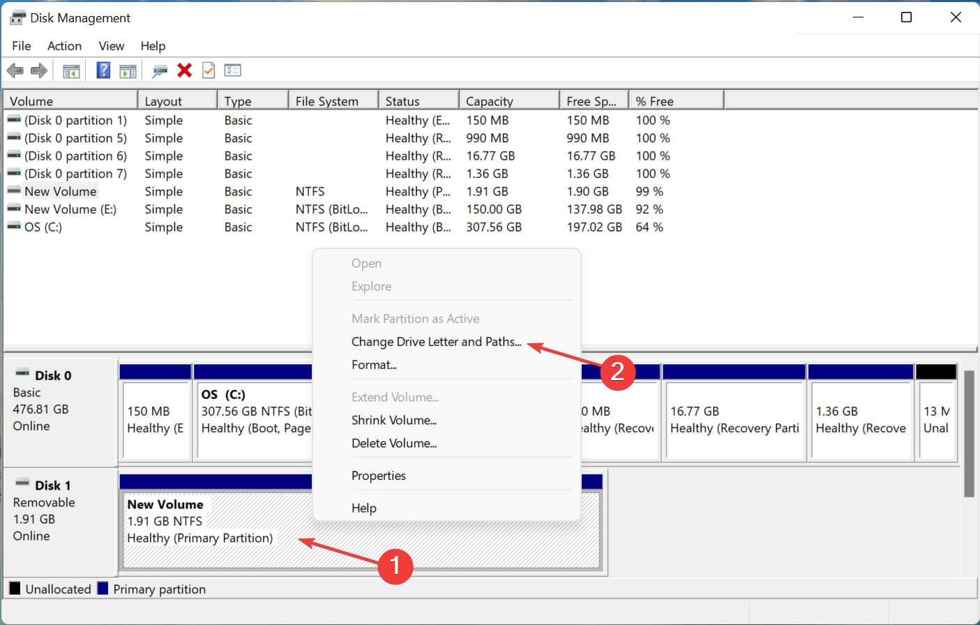 Изменение буквы и путей диска