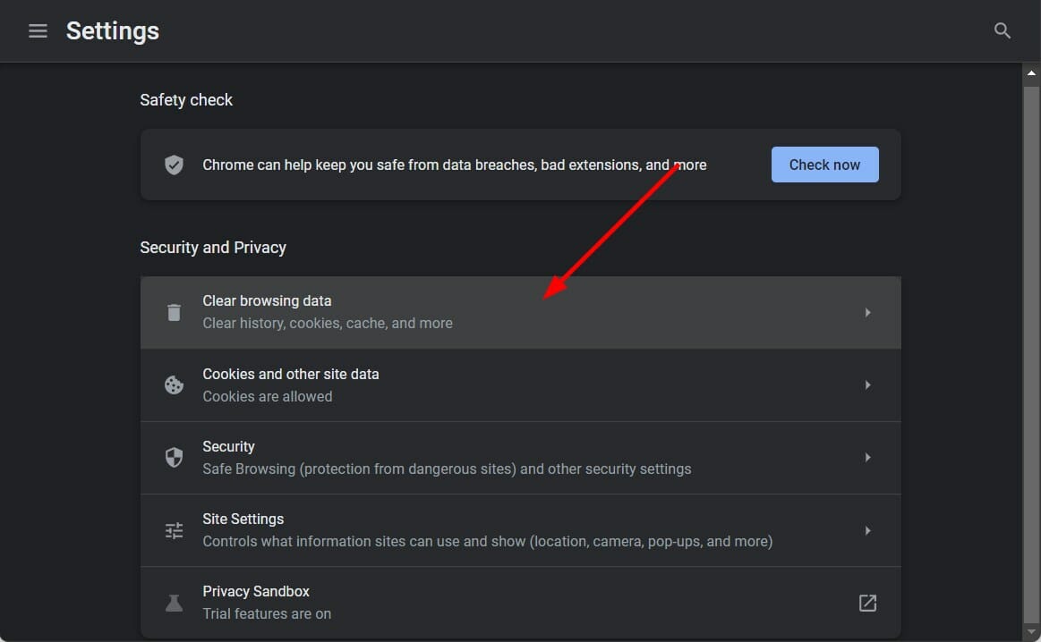 Опция очистки данных браузера