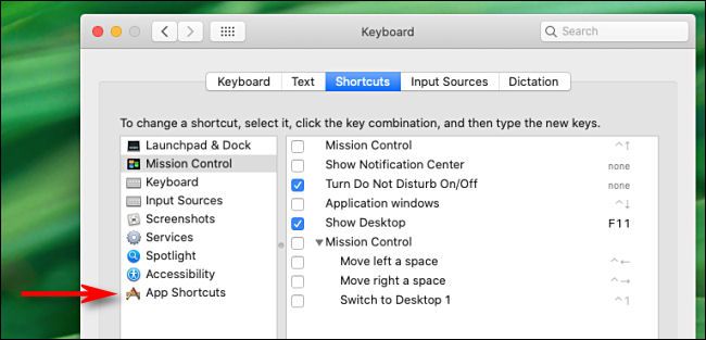 Выберите App Shortcuts в списке настроек клавиатуры на Mac