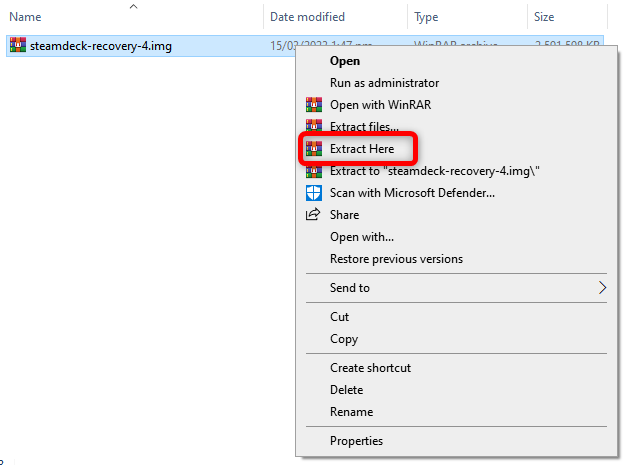 Распаковка образа восстановления SteamOS в выбранном архиваторе