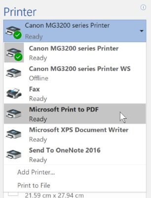 Выбор 'Microsoft Print to PDF' в списке принтеров