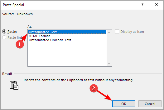 Опция 'Только текст (без форматирования)' в диалоге вставки