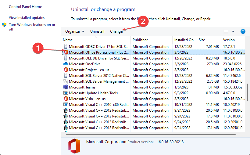Свойства MS Office в списке программ