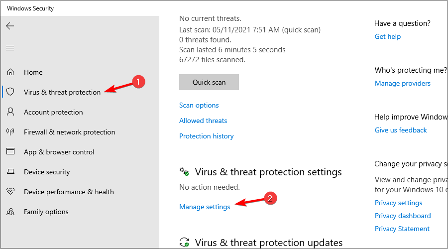 Скриншот раздела Virus & threat protection в Защитнике Windows