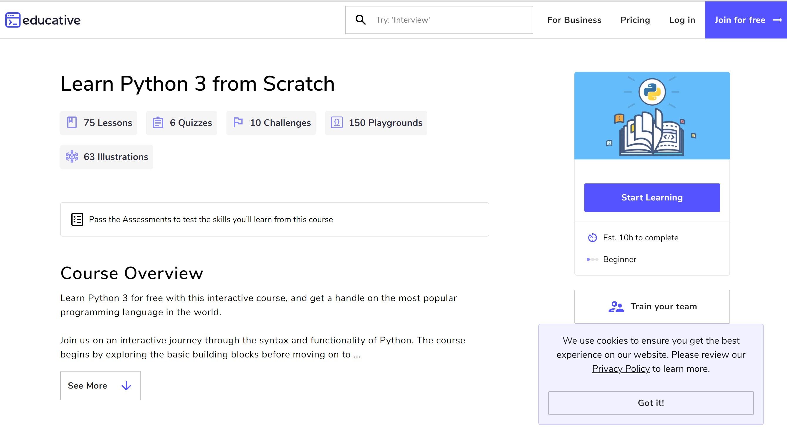 Интерфейс сайта Educative с текстовыми уроками и задачами