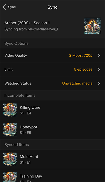 Список эпизодов, синхронизированных на устройство; индикаторы состояния синхронизации