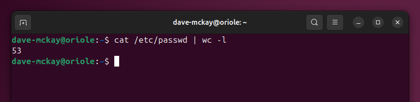 Использование wc для подсчёта строк в /etc/passwd.