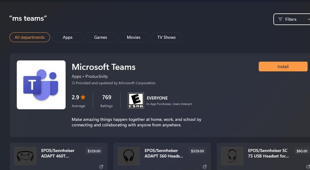 Кнопка установки Microsoft Teams в Microsoft Store