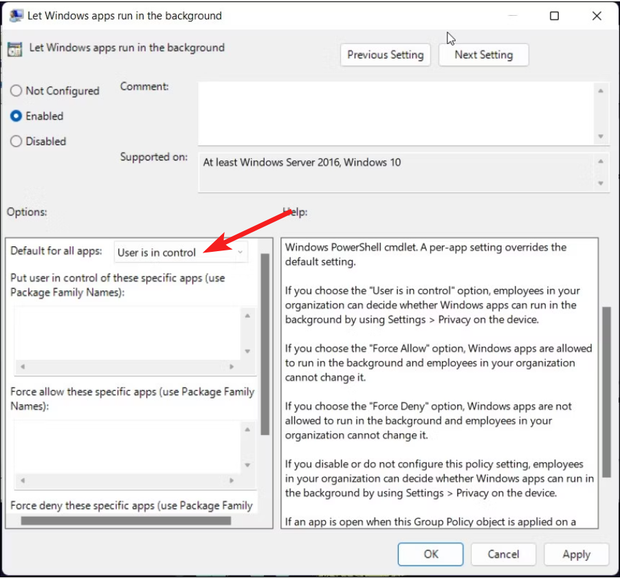 Опция 'Default for all apps' в политиках конфиденциальности приложений