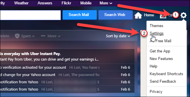 Клик по «Настройки» в новой версии Yahoo Mail