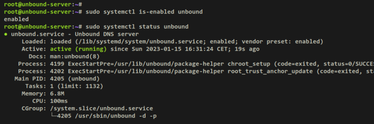 Статус службы unbound после установки