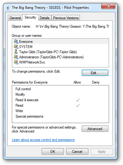 Диалог свойств файла, вкладка Безопасность