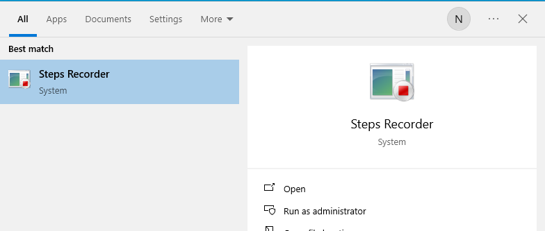 Результаты поиска: Steps Recorder выделен в меню Пуск