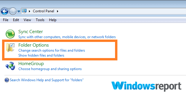 Опция папок в Панели управления: показать скрытые файлы