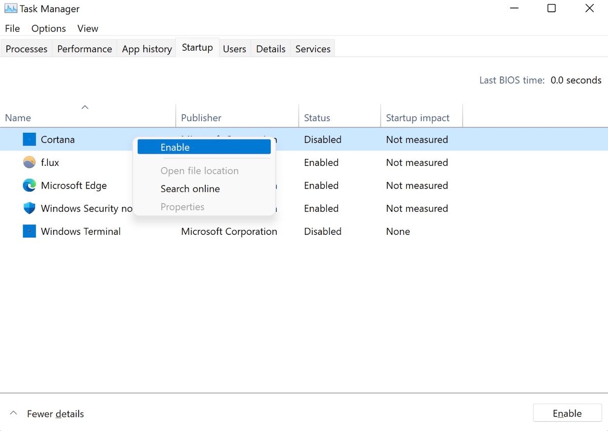 enabling cortana from task manager