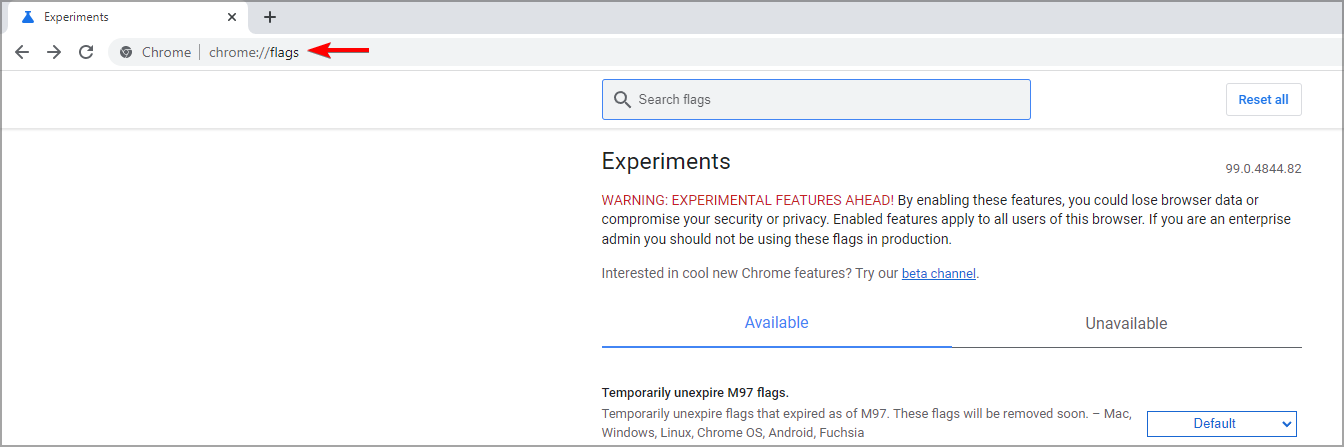 Страница chrome://flags с поиском флага Ephemeral Flash Permissions
