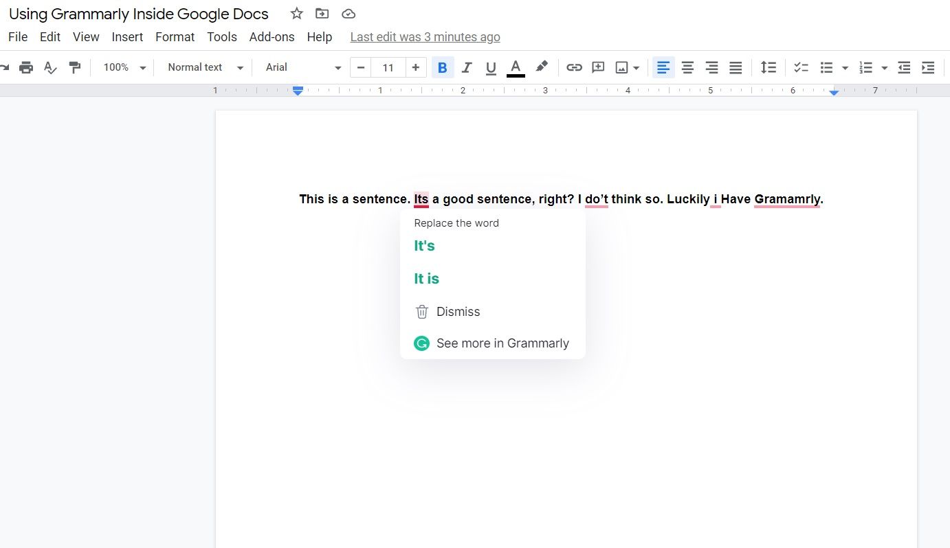 Grammarly показывает правку предложения в Google Docs