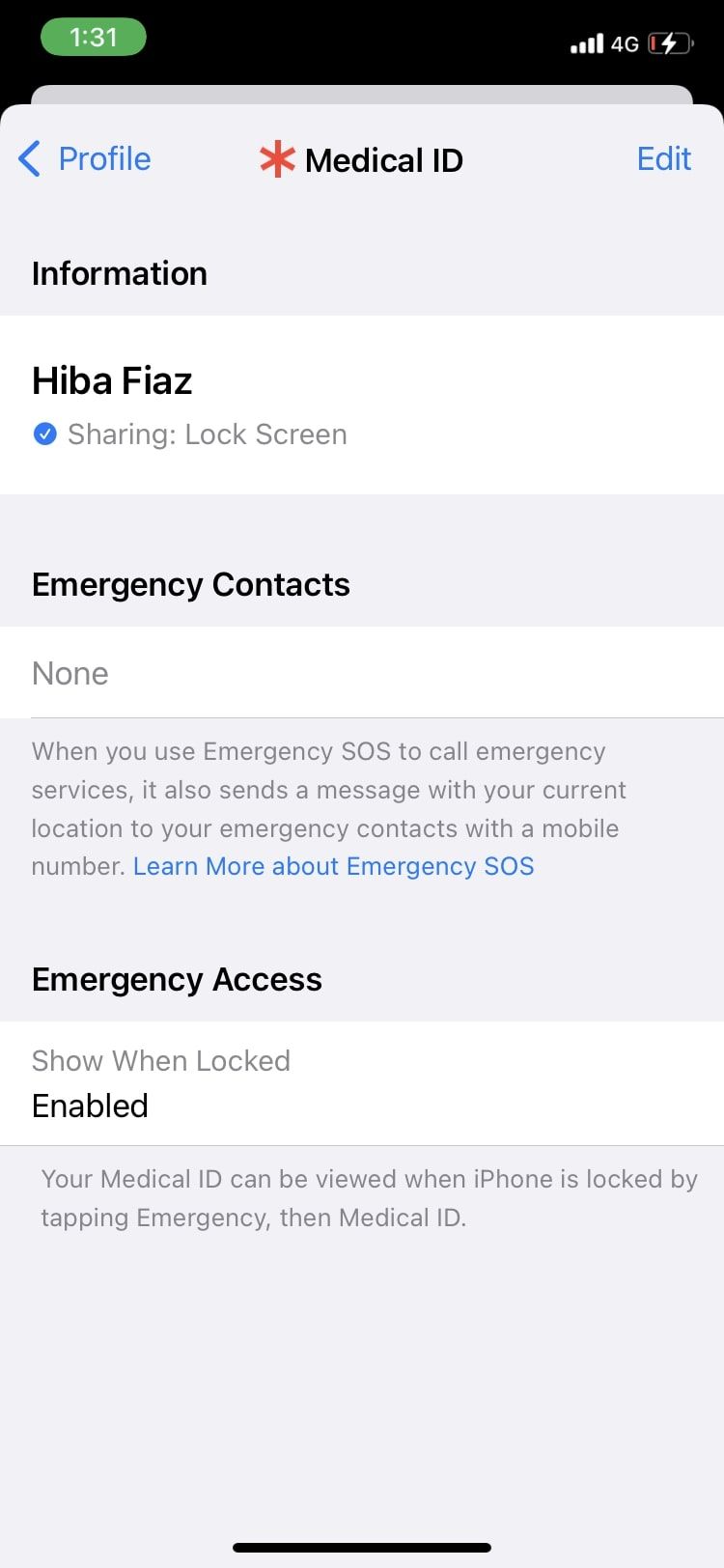 Форма редактирования Medical ID в приложении «Здоровье»
