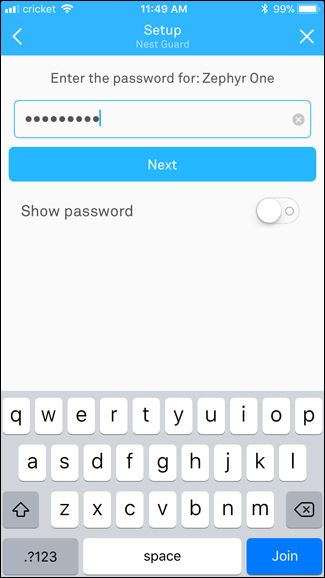 Ввод пароля Wi‑Fi в приложении Nest