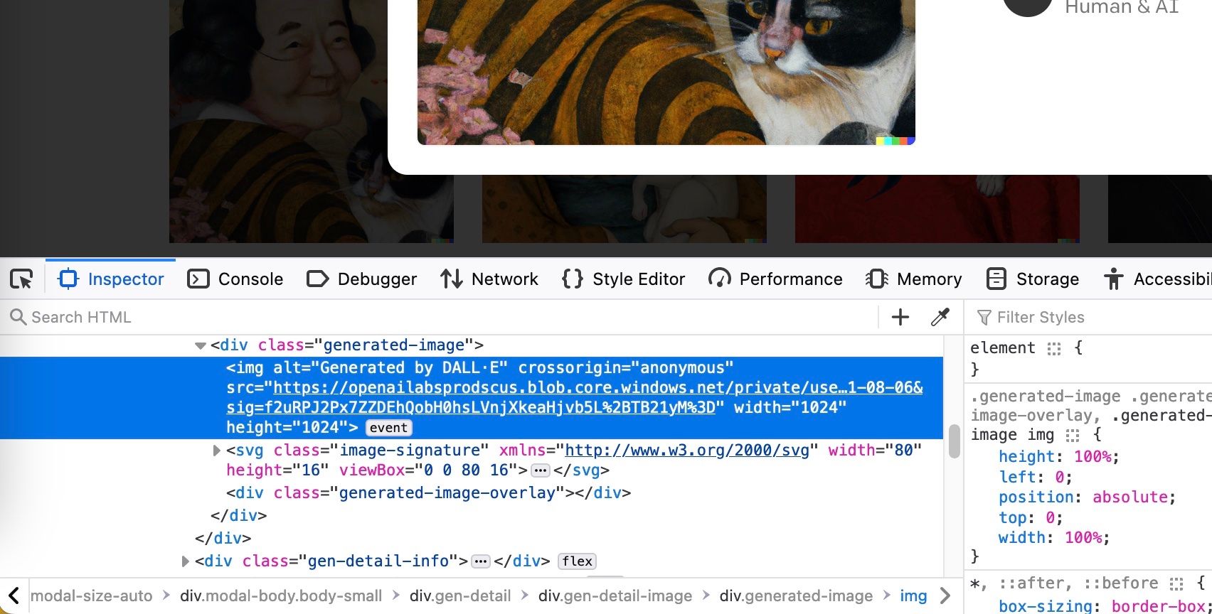 Окно инспектора в Firefox с выделенной ссылкой на файл изображения