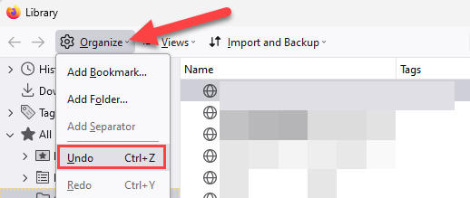 Выбор 'Отменить' в меню 'Упорядочить' в Firefox