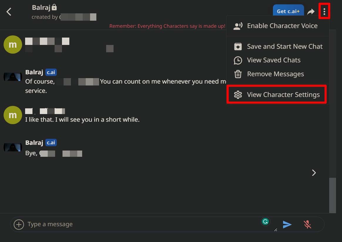 Скриншот: «View Character Settings» — просмотр настроек персонажа