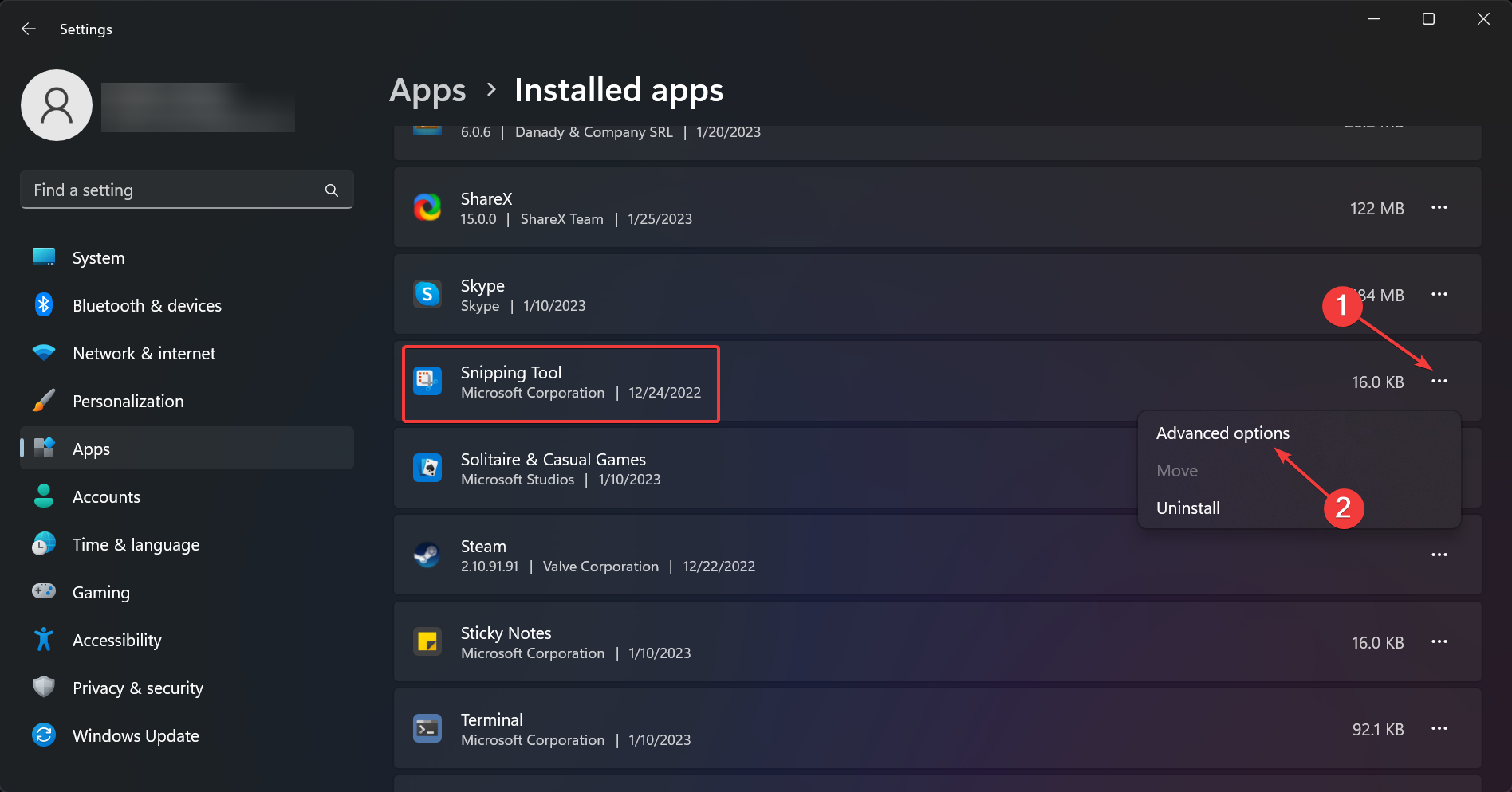 Параметры приложения Snipping Tool