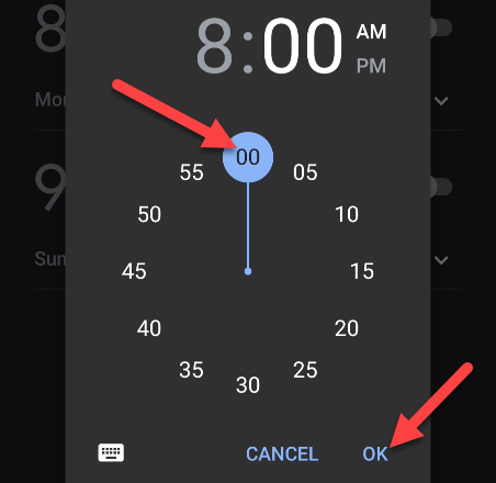 Выберите время будильника и нажмите ОК
