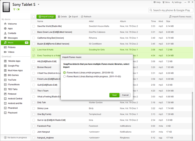 Импорт музыки из iTunes в SnapPea