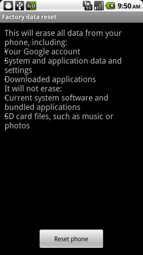 Скриншот: предупреждение о полном удалении всех данных