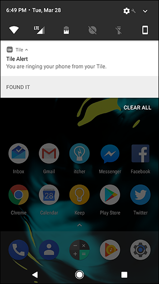 Уведомление о том, что телефон найден после сигнала с Tile