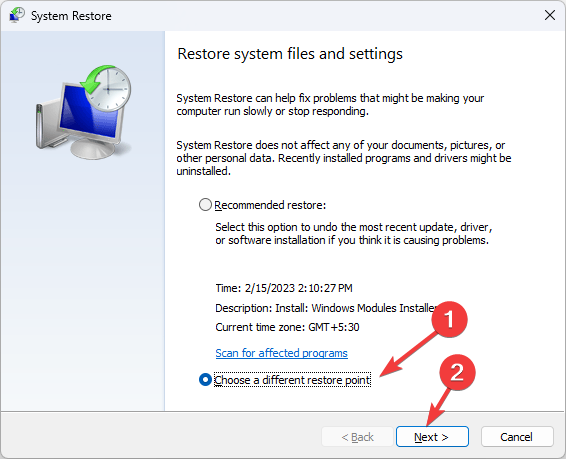 Next Choose a different restore point - WMI-Activity Event ID 5858