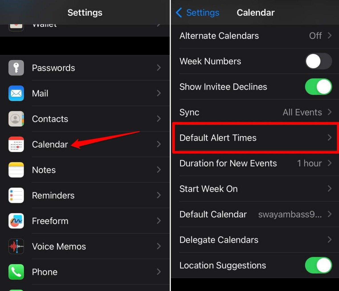 Экран настроек стандартных напоминаний в Календаре iOS
