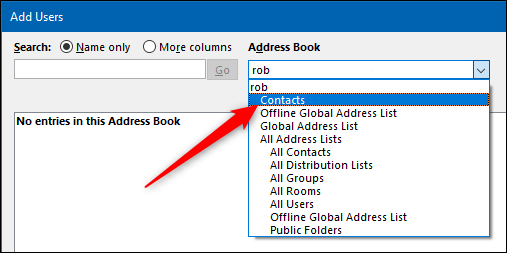 Список внешних контактов в адресной книге Outlook