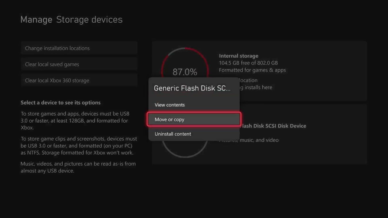 Скриншот опций внешнего накопителя с выделенным Переместить или копировать