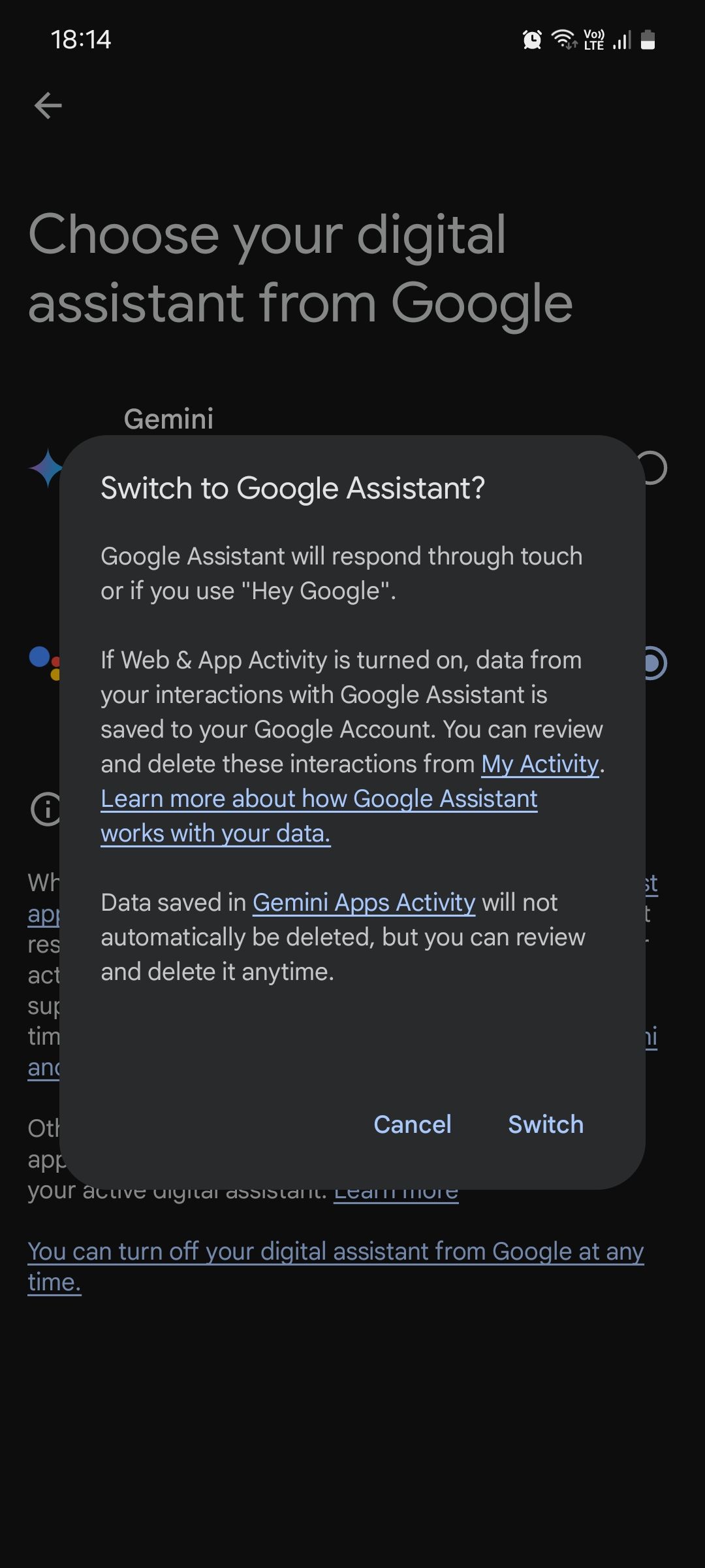 Переключение с Gemini на Google Assistant на Android