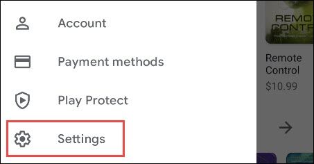 Выберите «Настройки» в боковом меню Google Play