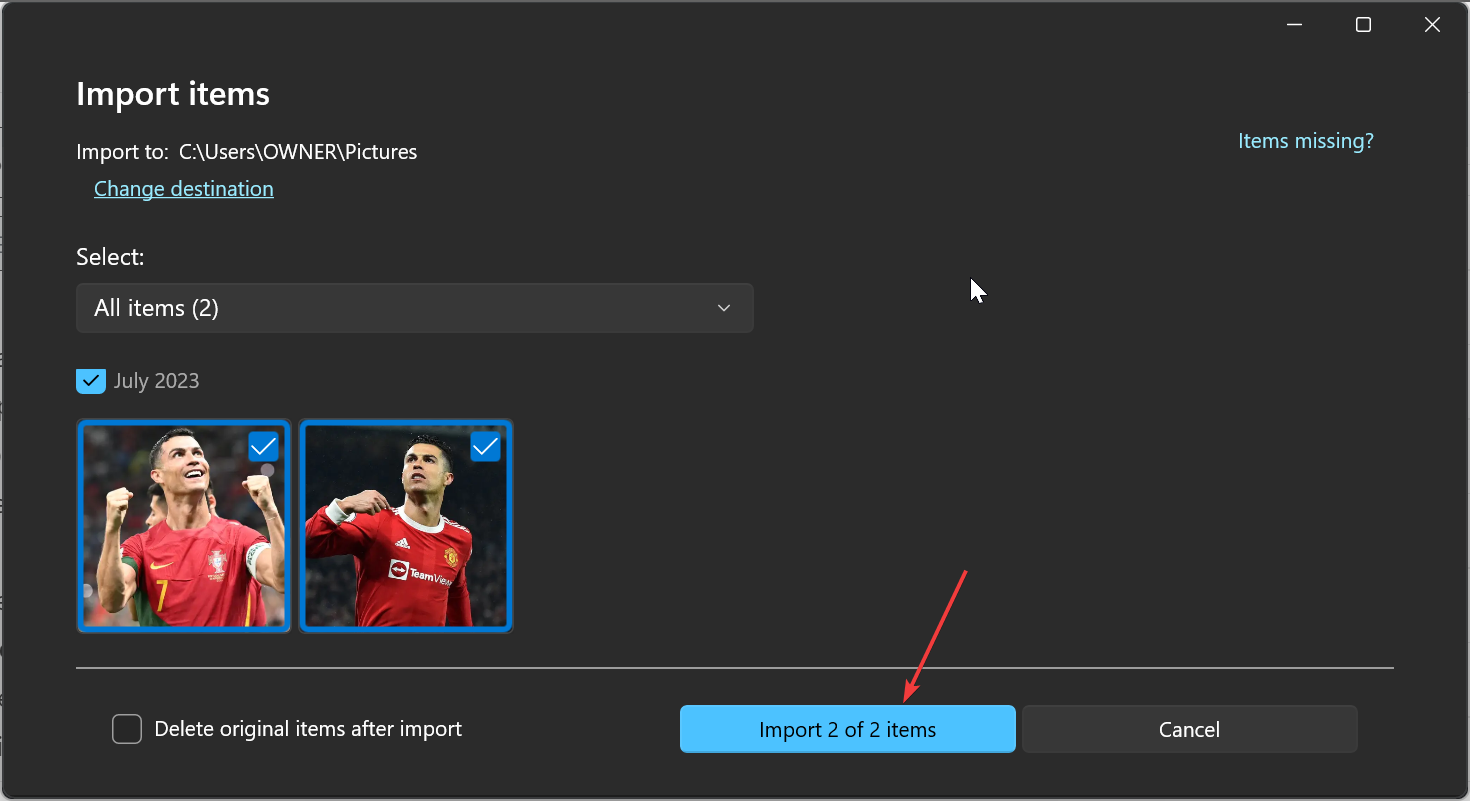 Окно подтверждения импорта в Windows Photos