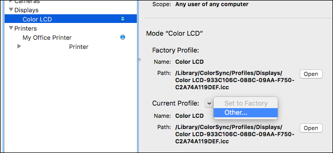 Выпадающее меню текущего профиля в ColorSync Utility