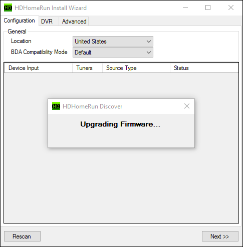 Установщик HDHomeRun обнаружил устройство и обновляет прошивку