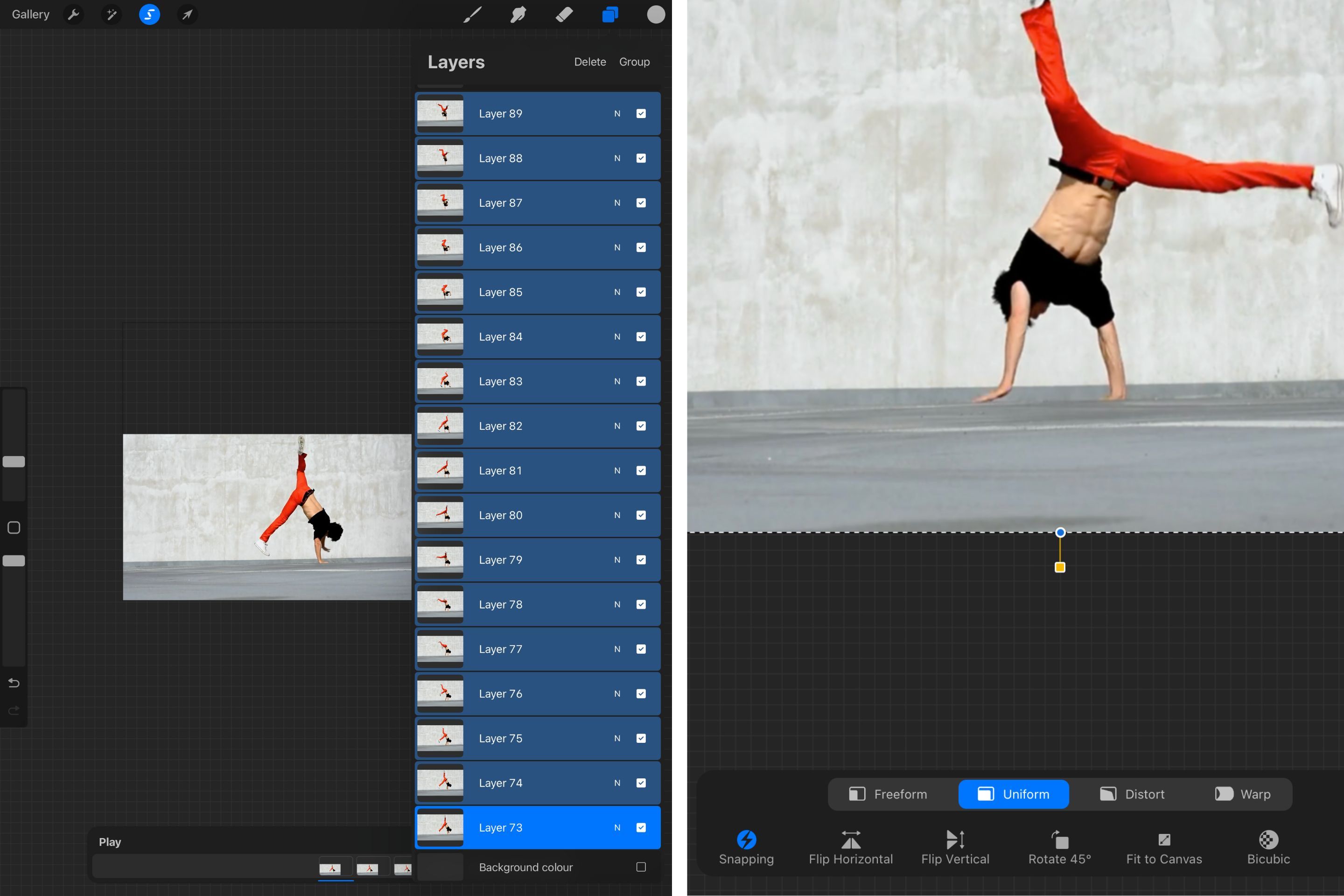 Two Procreate app screenshots, showing all layers highlighted and the Selection menu.