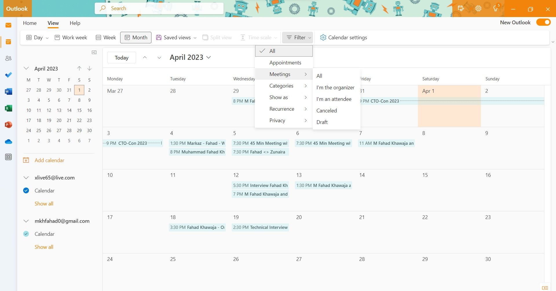 Опции фильтрации встреч