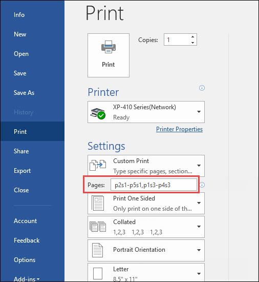 Несмежные диапазоны в поле печати Word