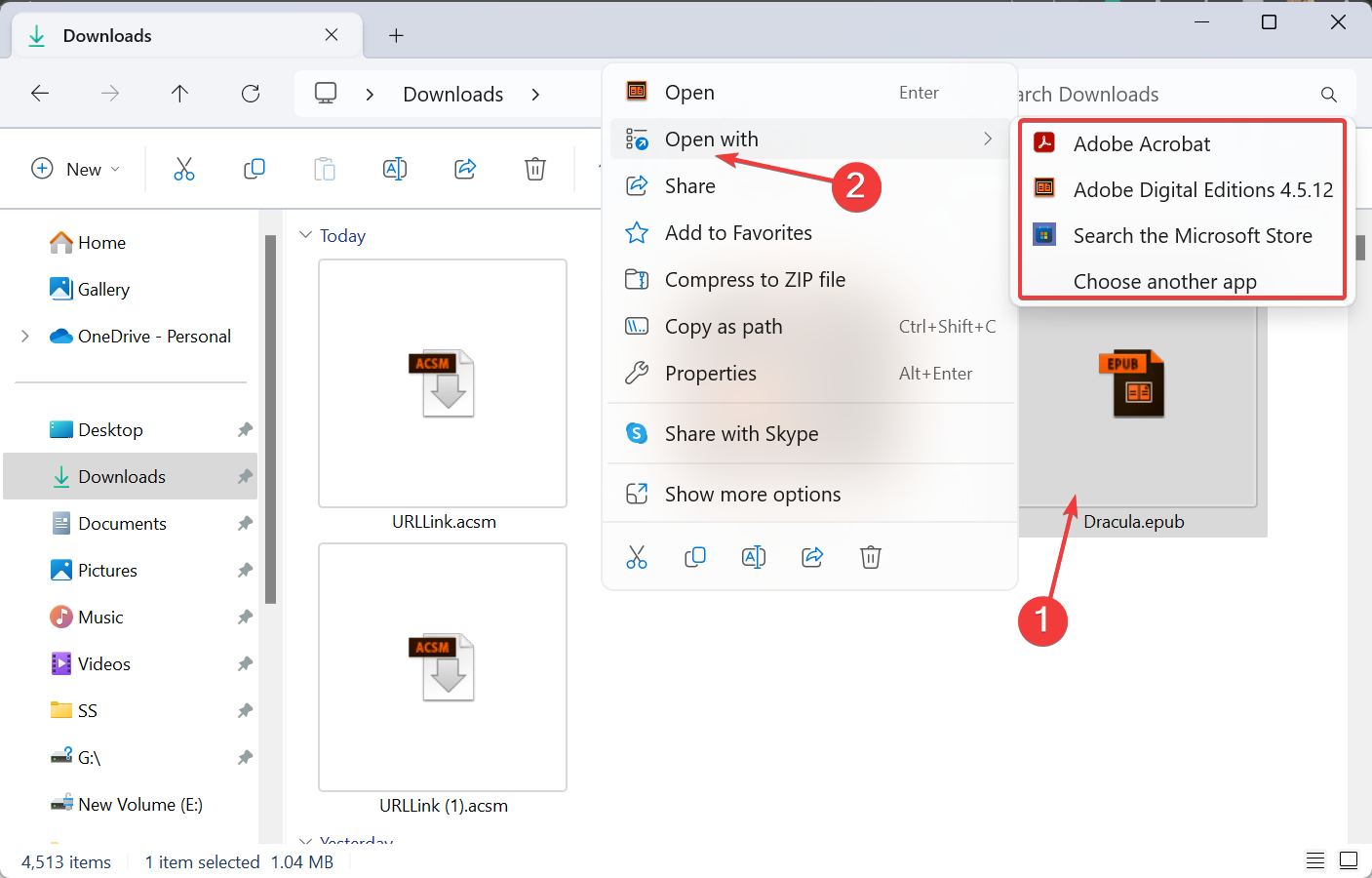 Открытие EPUB через контекстное меню Проводника и выбор браузера