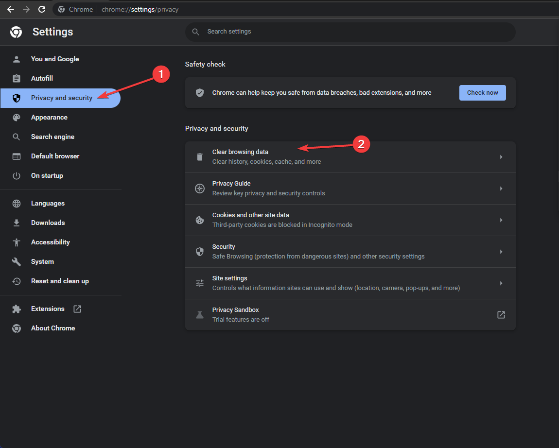 Параметры очистки данных Chrome
