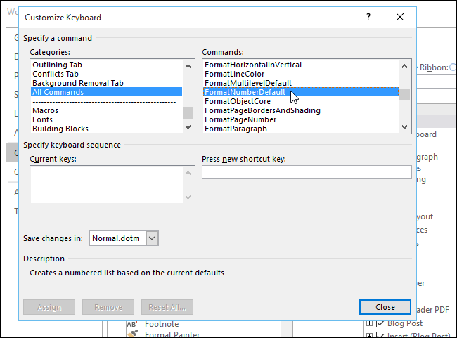 Выбор команды FormatNumberDefault в списке команд
